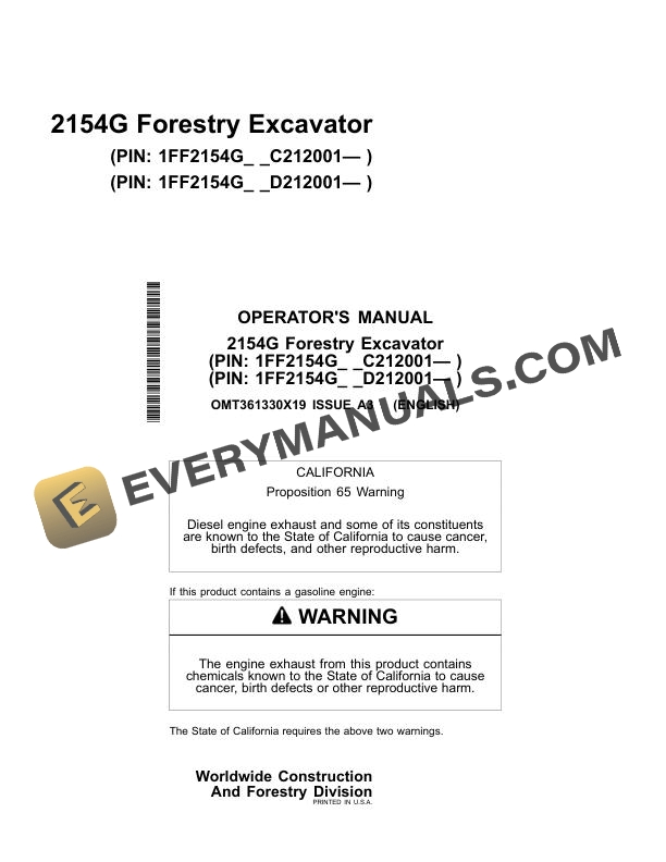 John Deere 2154G Forestry Excavator Operator Manual OMT361330X19