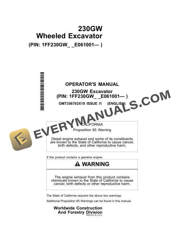 John Deere 230GW Wheeled Excavator Operator Manual OMT356703X19