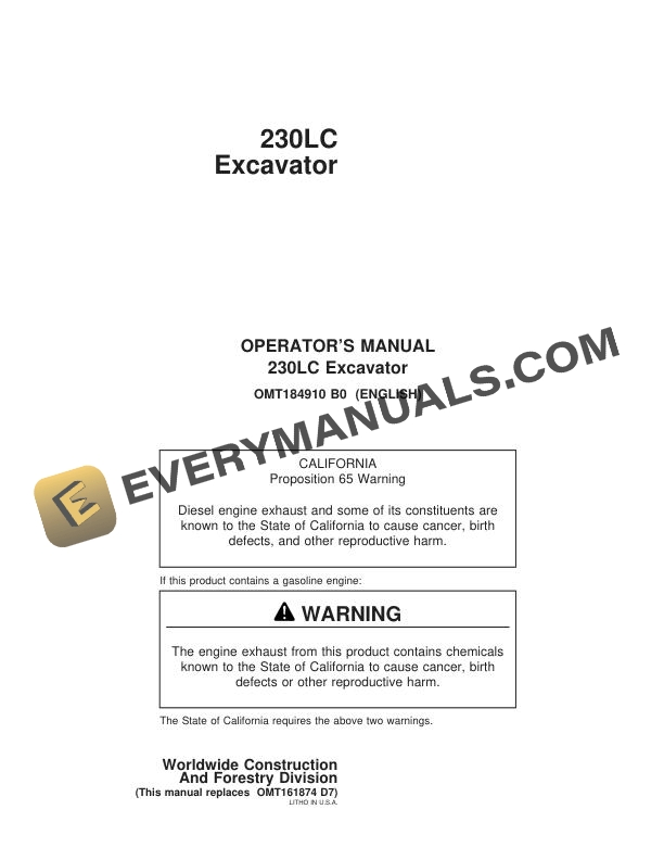 John Deere 230LC Excavator Operator Manual OMT184910