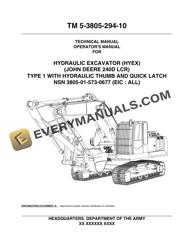 John Deere 240D LCR Hydraulic Excavator Operator Technical Manual TM5-3805-294-10