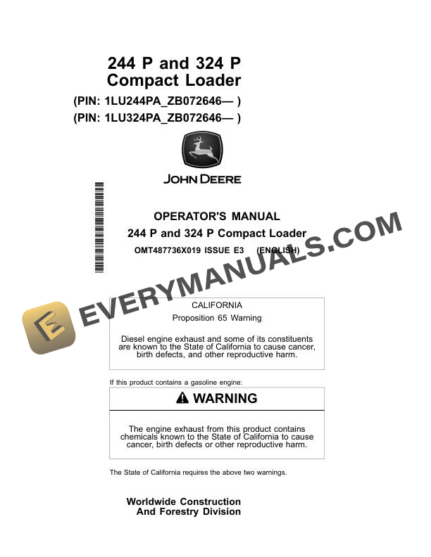John Deere 244 P, 324 P Compact Loader Operator Manual OMT487736X019