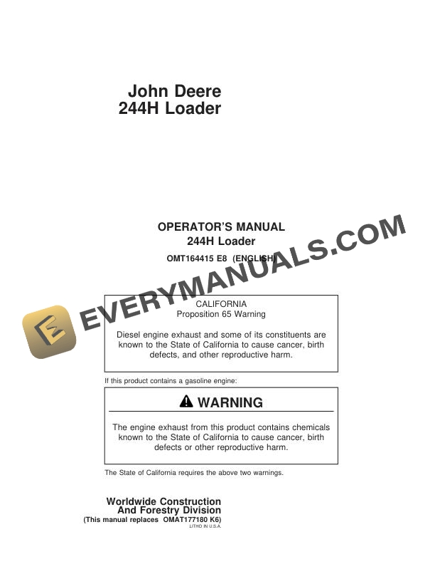 John Deere 244H Loader Operator Manual OMT164415