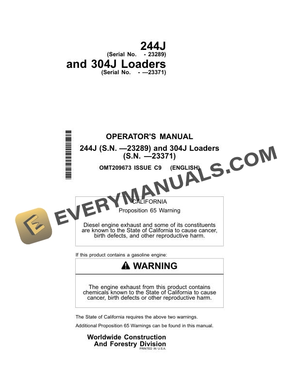 John Deere 244J, 304J Loader Operator Manual OMT209673