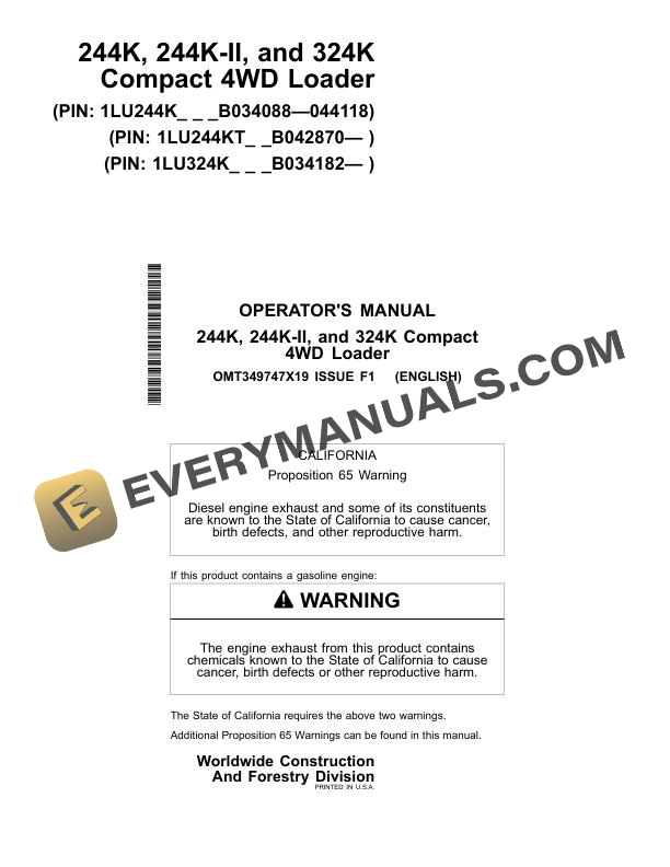 John Deere 244K, 244K-II, 324K Compact 4WD Loader Operator Manual OMT349747X19