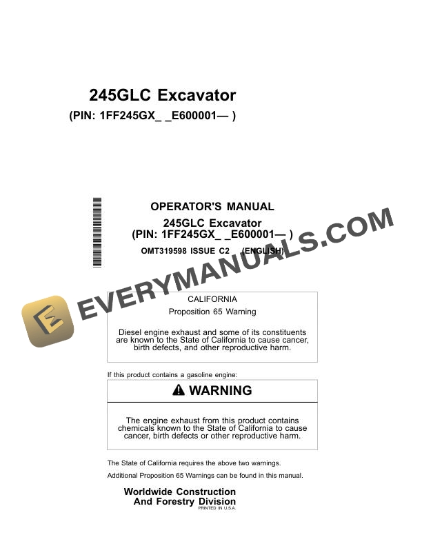 John Deere 245GLC Excavator Operator Manual OMT319598
