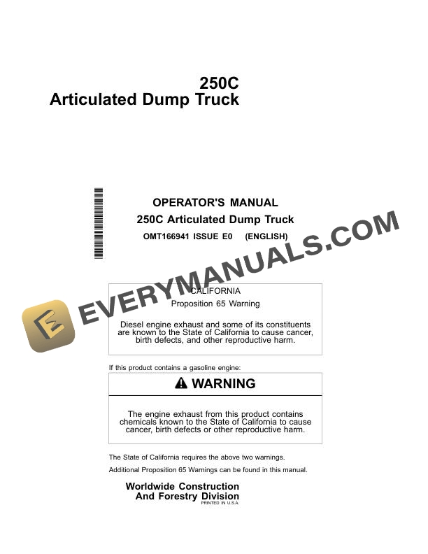 John Deere 250C Articulated Dump Truck Operator Manual OMT166941