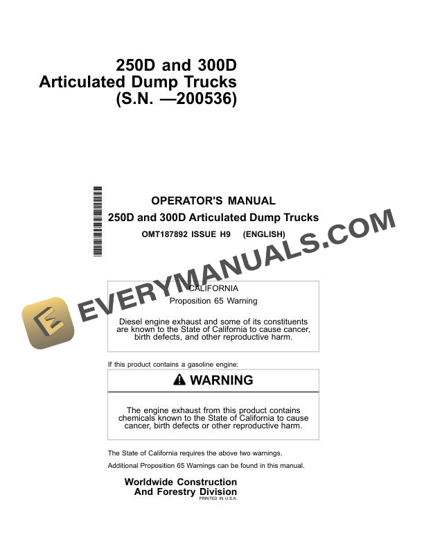 John Deere 250D, 300D Articulated Dump Truck Operator Manual OMT187892