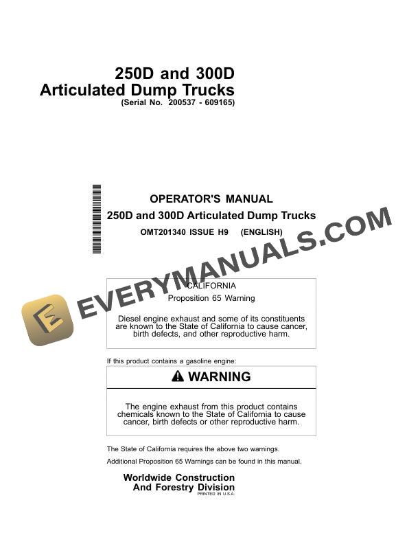 John Deere 250D, 300D Articulated Dump Truck Operator Manual OMT201340