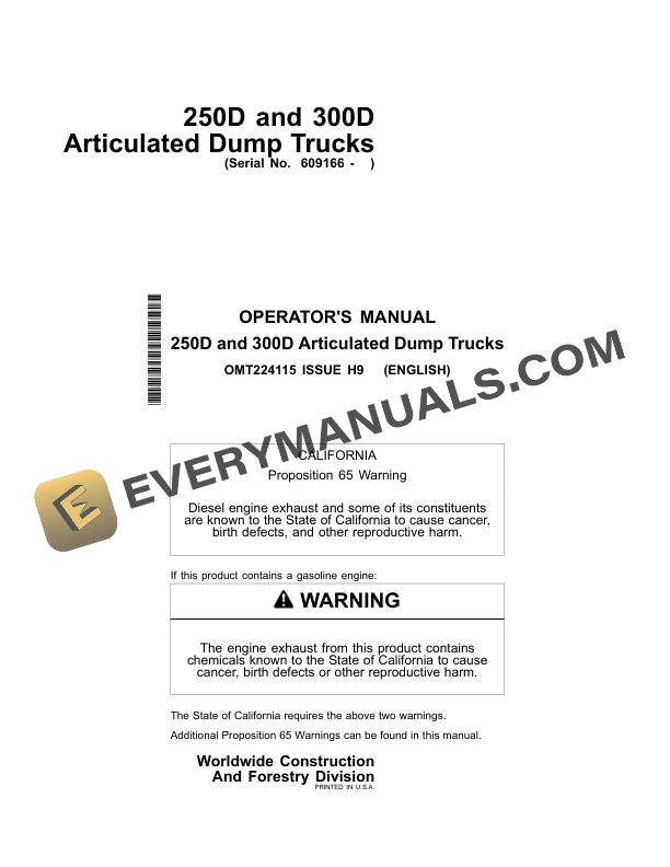 John Deere 250D, 300D Articulated Dump Truck Operator Manual OMT224115