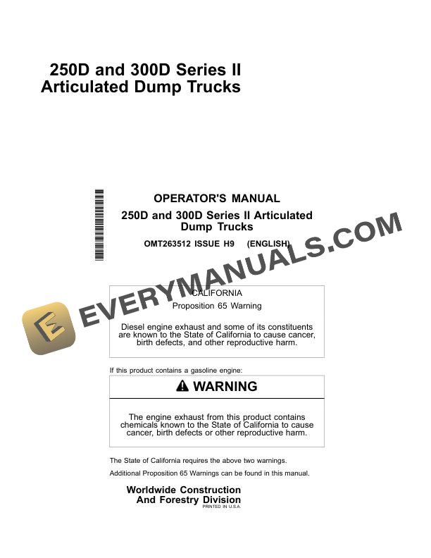 John Deere 250D, 300D Series II Articulated Dump Truck Operator Manual OMT263512
