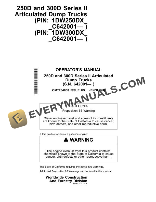 John Deere 250D, 300D Series II Articulated Dump Truck Operator Manual OMT284808