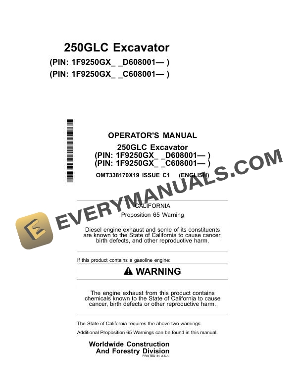 John Deere 250GLC Excavator Operator Manual OMT338170X19