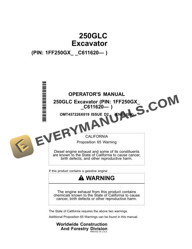 John Deere 250GLC Excavator Operator Manual OMT457226X019