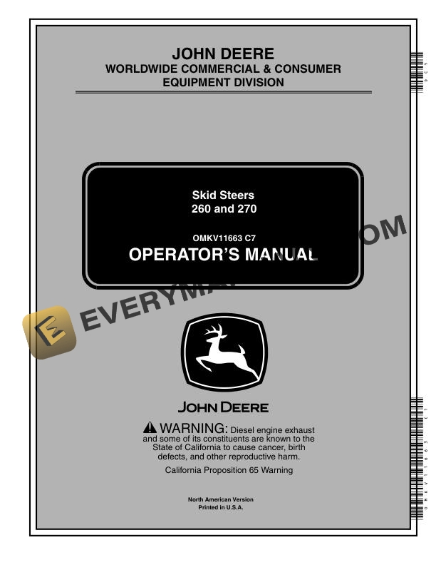John Deere 260, 270 Skid Steer Operator Manual OMKV11663