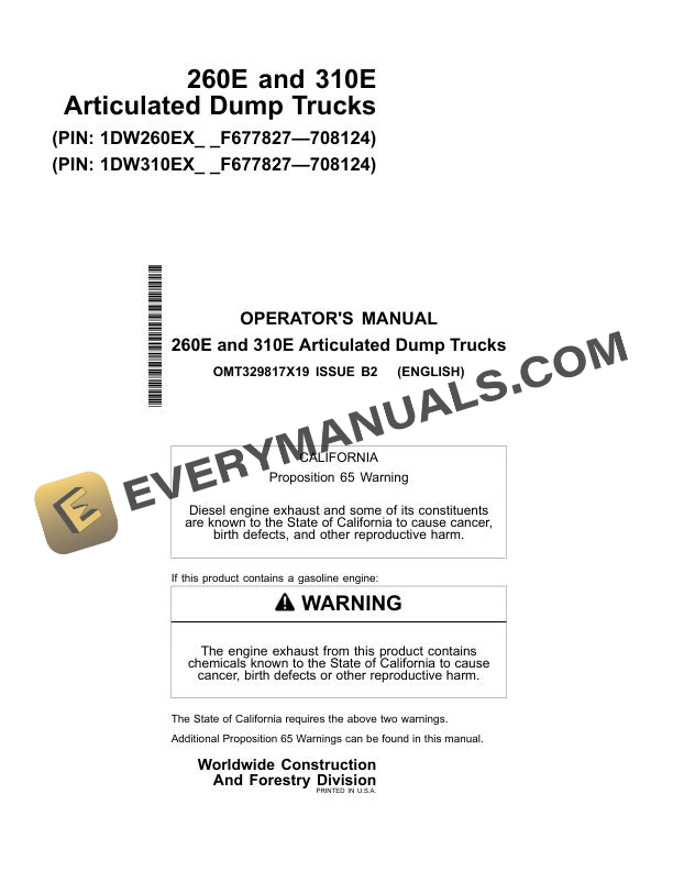 John Deere 260E, 310E Articulated Dump Truck Operator Manual OMT329817X19