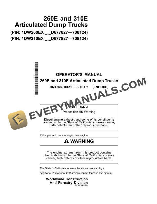 John Deere 260E, 310E Articulated Dump Truck Operator Manual OMT363010X19