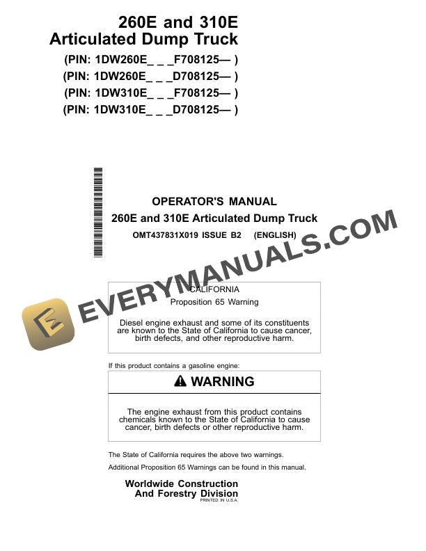 John Deere 260E, 310E Articulated Dump Truck Operator Manual OMT437831X019