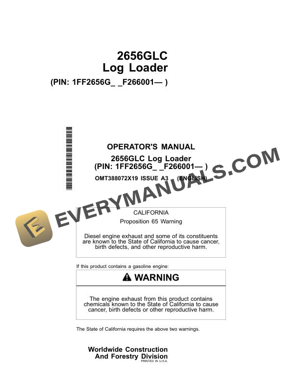 John Deere 2656GLC Log Loader Operator Manual OMT388072X19