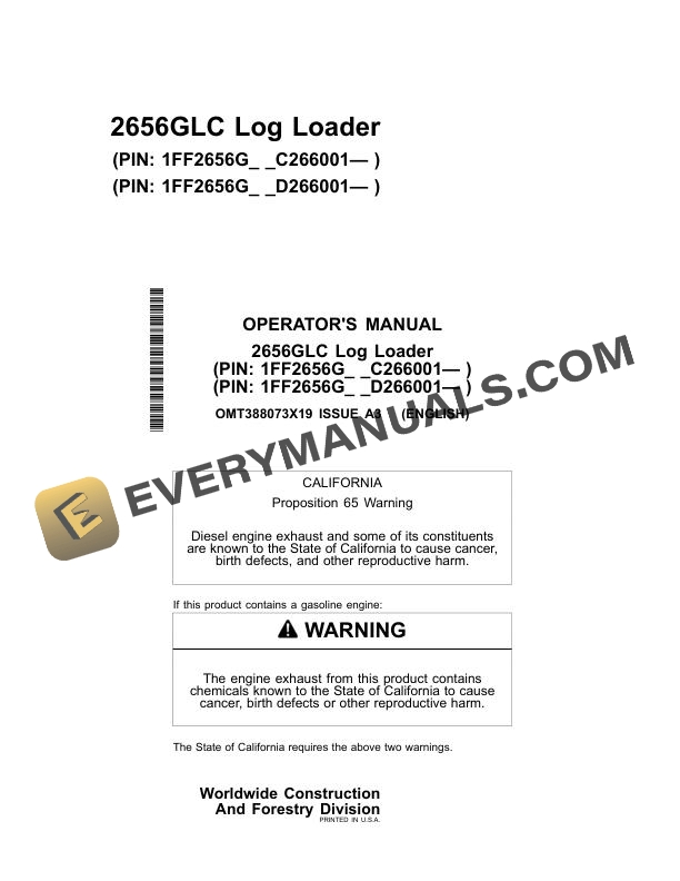 John Deere 2656GLC Log Loader Operator Manual OMT388073X19