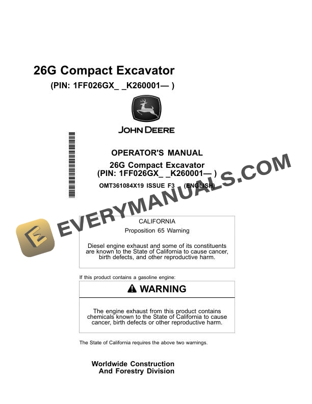 John Deere 26G Compact Excavator Operator Manual OMT361084X19