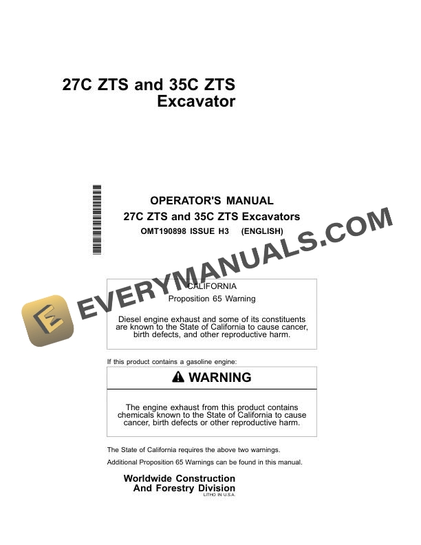 John Deere 27C ZTS, 35C ZTS Excavator Operator Manual OMT190898