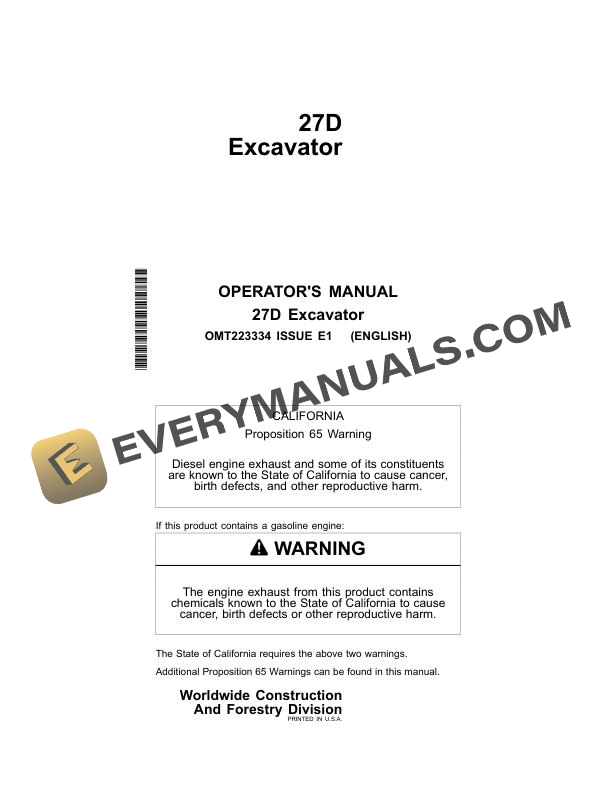 John Deere 27D Excavator Operator Manual OMT223334