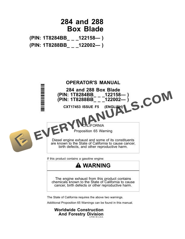 John Deere 284, 288 Box Blade Operator Manual CXT17453