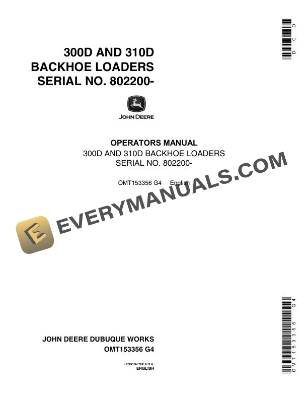John Deere 300D, 310D Backhoe Loader Operator Manual OMT153356