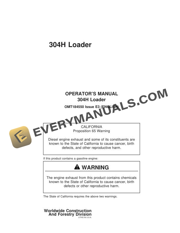 John Deere 304H Loader Operator Manual OMT184550