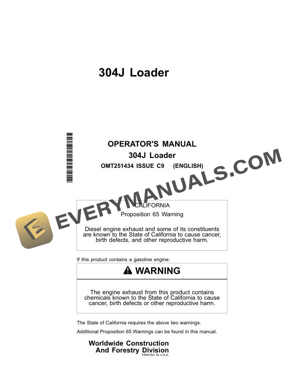 John Deere 304J Loader Operator Manual OMT251434
