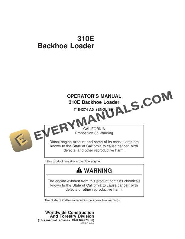 John Deere 310E Backhoe Loader Operator Manual OMT184374