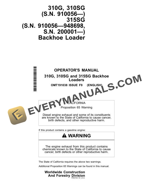 John Deere 310G, 310SG, 315SG Backhoe Loader Operator Manual OMT191038