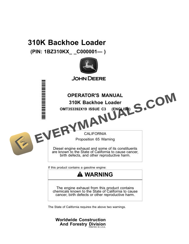 John Deere 310K Backhoe Loader Operator Manual OMT353392X19