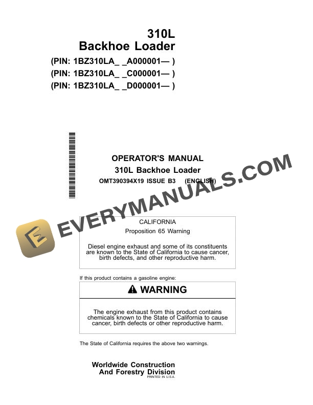 John Deere 310L Backhoe Loader Operator Manual OMT390394X19