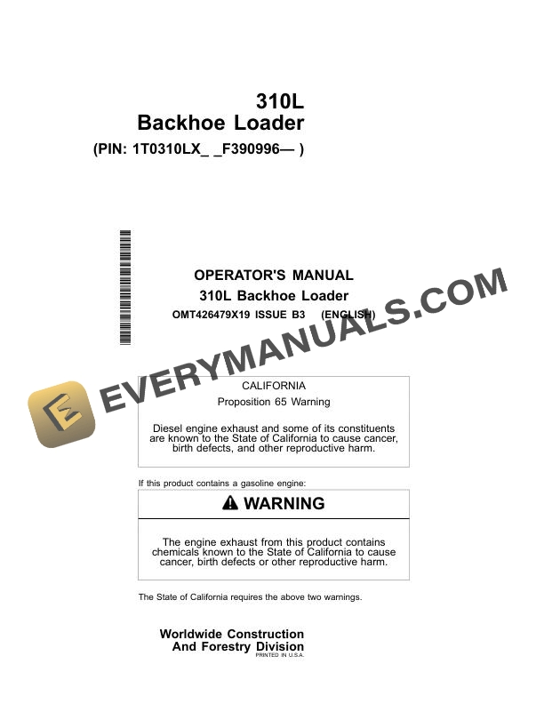 John Deere 310L Backhoe Loader Operator Manual OMT426479X19