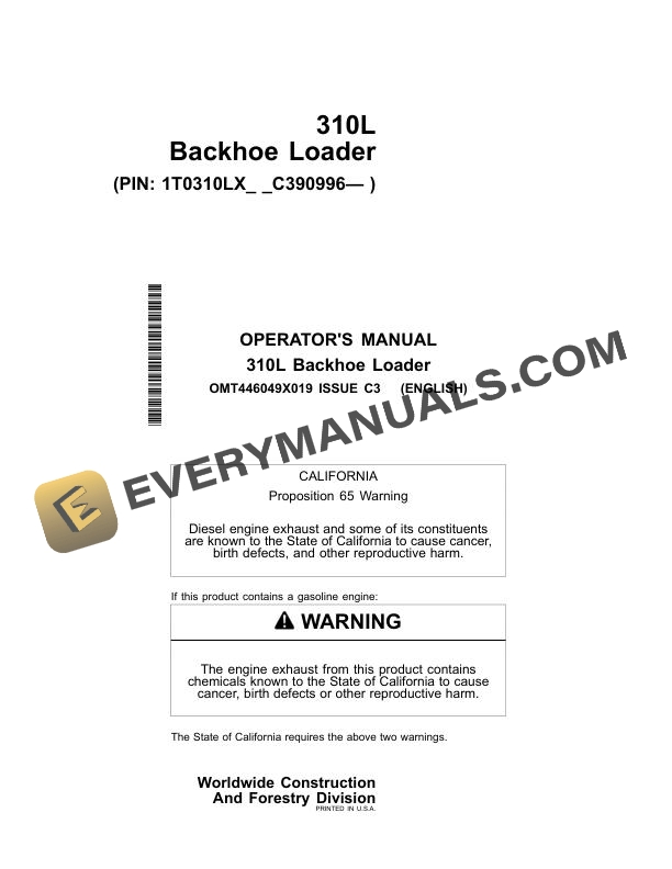 John Deere 310L Backhoe Loader Operator Manual OMT446049X019