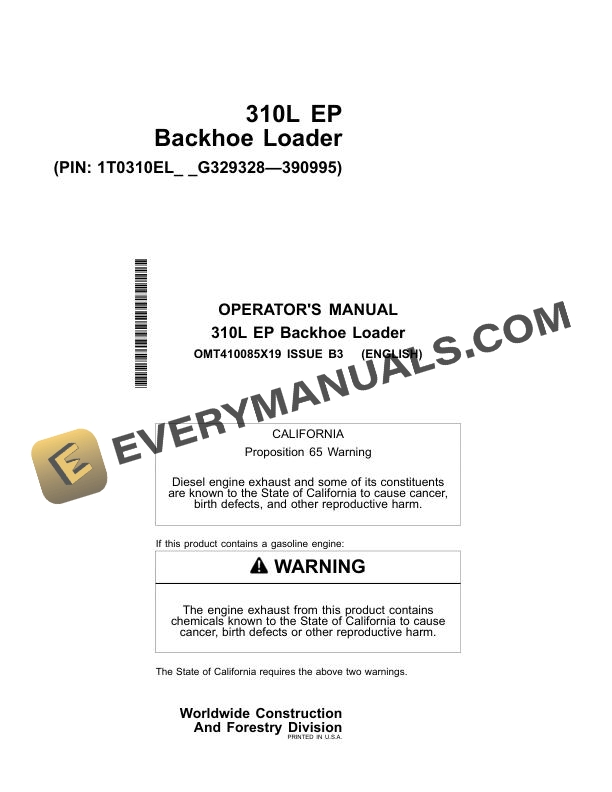 John Deere 310L EP Backhoe Loader Operator Manual OMT410085X19