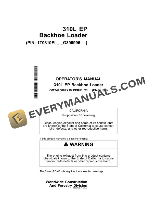 John Deere 310L EP Backhoe Loader Operator Manual OMT425669X19