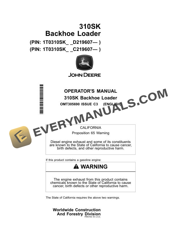 John Deere 310SK Backhoe Loader Operator Manual OMT305690