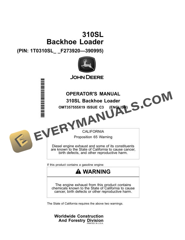John Deere 310SL Backhoe Loader Operator Manual OMT357555X19