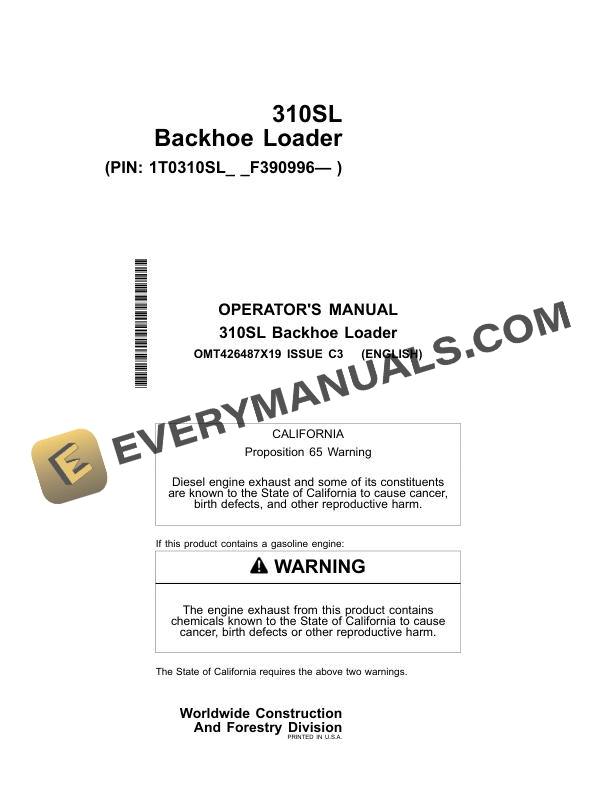John Deere 310SL Backhoe Loader Operator Manual OMT426487X19