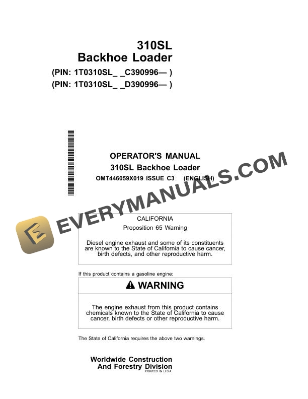 John Deere 310SL Backhoe Loader Operator Manual OMT446059X019