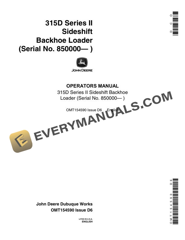 John Deere 315D Series II Sideshift Backhoe Loader Operator Manual OMT154590