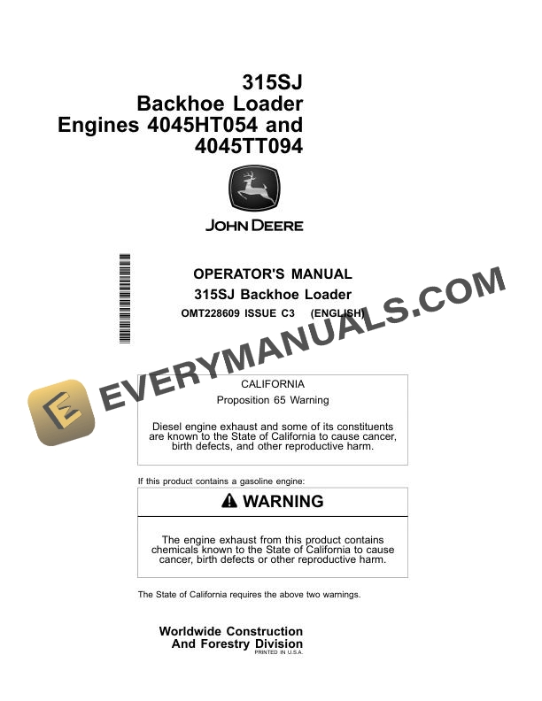 John Deere 315SJ Backhoe Loader Operator Manual OMT228609