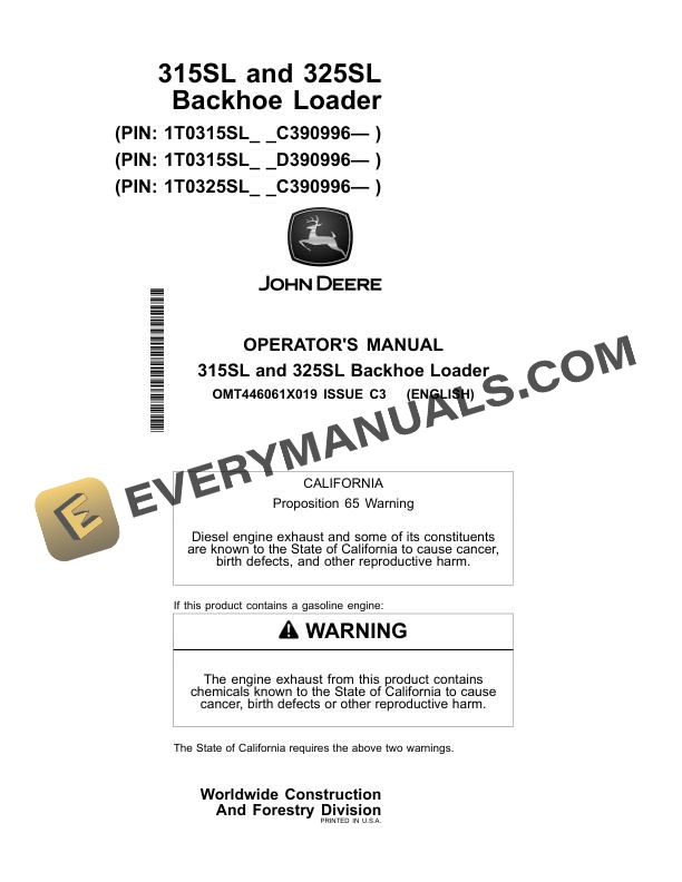 John Deere 315SL 325SL Backhoe Loader Operator Manual OMT446061X019