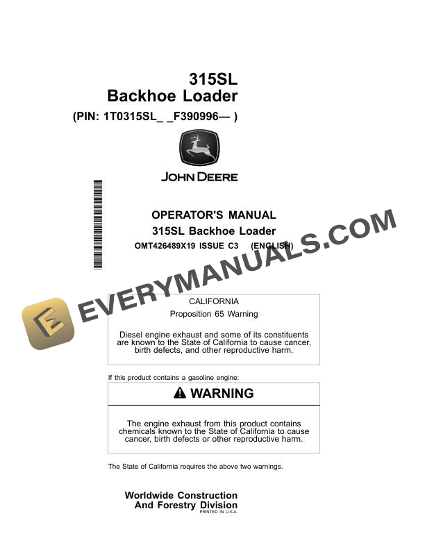 John Deere 315SL Backhoe Loader Operator Manual OMT426489X19