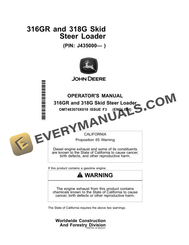 John Deere 316GR, 318G Skid Steer Loader Operator Manual OMT483070X019