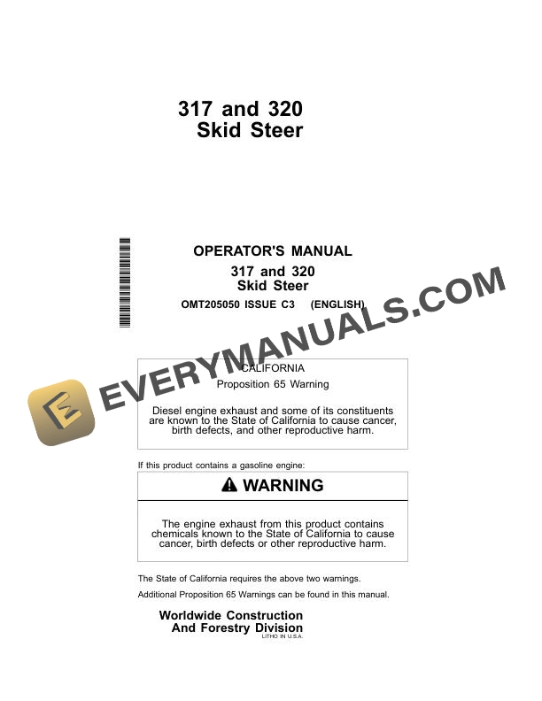 John Deere 317, 320 Skid Steer Operator Manual OMT205050