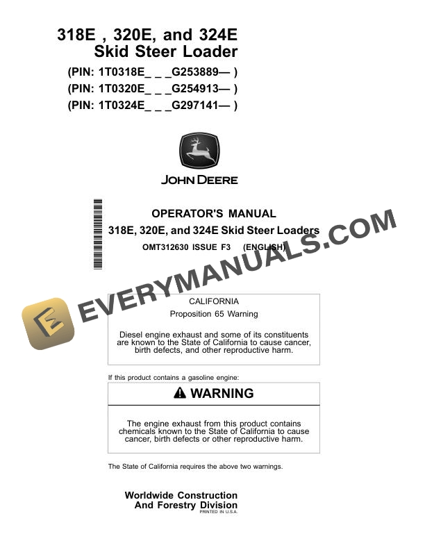 John Deere 318E, 320E, 324E Skid Steer Loader Operator Manual OMT312630
