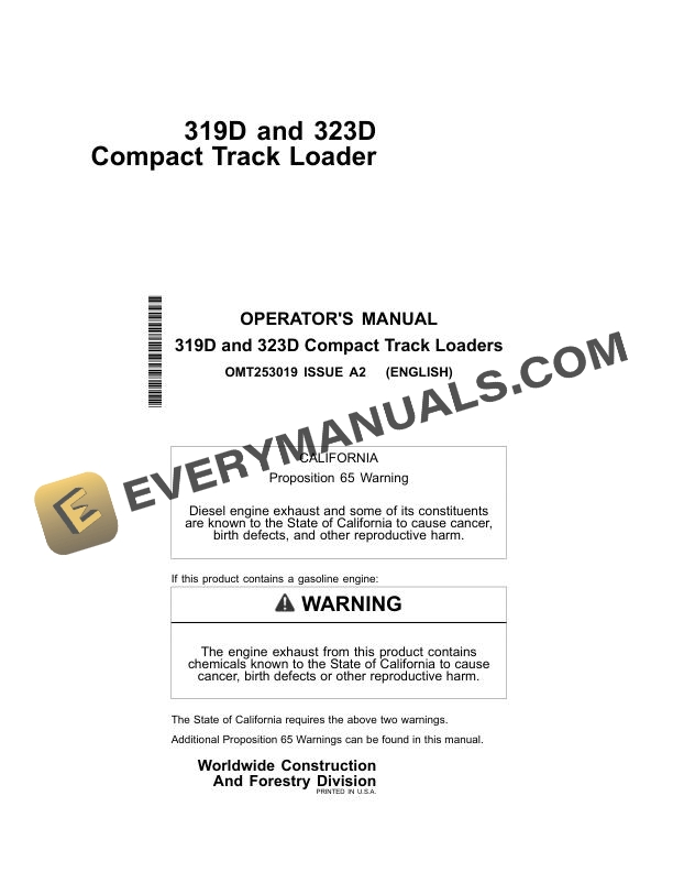 John Deere 319D 323D Compact Track Loader Operator Manual OMT253019